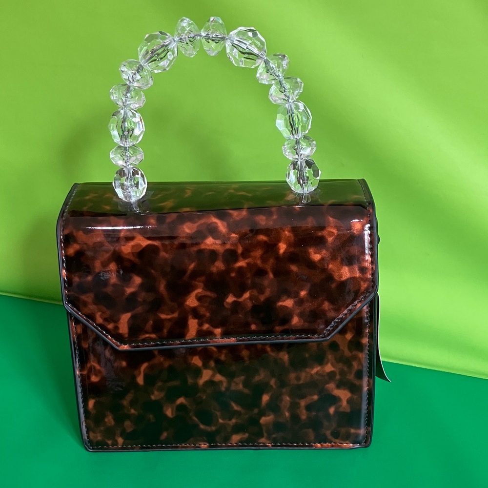 MNG Elegant Tortoiseshell Handbag with Crystal Handle and Crossbody Strap